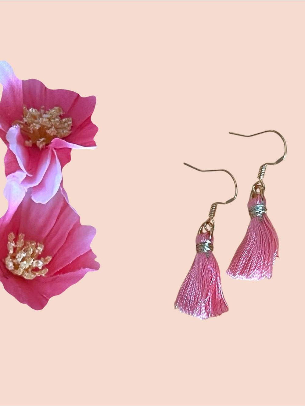 Elegant Pink Tassel Earrings gold over silver, stamped .925